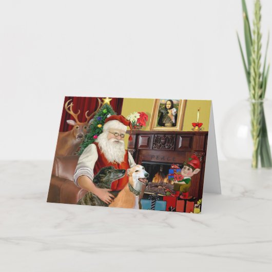 Kerstman Thuis Greyhounds (twee) Feestdagen Kaart (Voorkant)