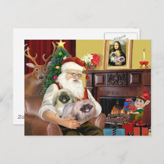 Kerstman Thuis - Pekingese (R) - Santa Feestdagenkaart (Voorkant / Achterkant)