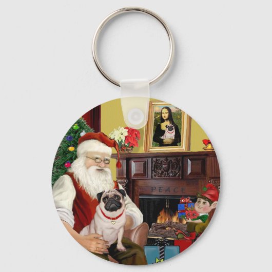 Kerstman thuis - Pug #5 Sleutelhanger (Voorkant)