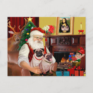 Kerstman thuis - Pugs (twee) Feestdagenkaart