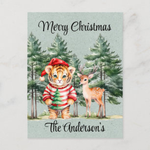 Kerstman Tijger en een Herten Pine Tree Kerstmis Briefkaart