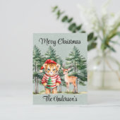 Kerstman Tijger en een Herten Pine Tree Kerstmis Briefkaart (Staand voorkant)