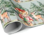 Kerstman Tijger en een Herten Pine Tree Kerstmis Cadeaupapier (Rol Hoek)