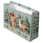 Kerstman Tijger en een Herten Pine Tree Kerstmis Groot Cadeauzakje (Voorkant Gekanteld)