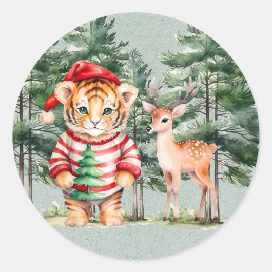 Kerstman Tijger en een Herten Pine Tree Kerstmis Ronde Sticker (Voorkant)