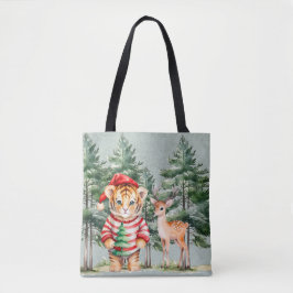 Kerstman Tijger en een Herten Pine Tree Kerstmis Tote Bag