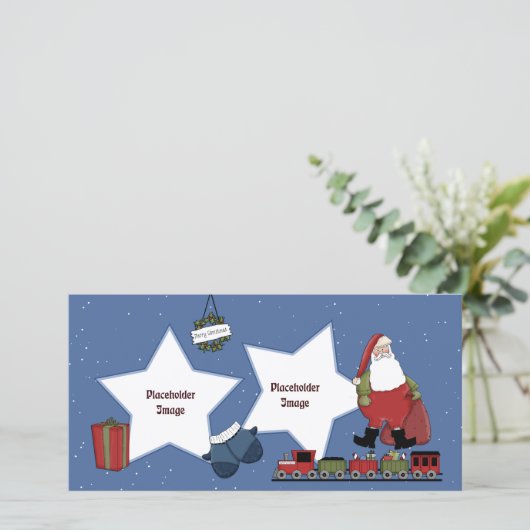 Kerstman, trein, cadeau en kerstkrans feestdagenkaart (Staand voorkant)