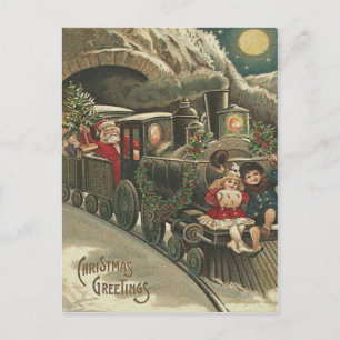Kerstman Trein Hulst Guirlande Kinderen Feestdagenkaart