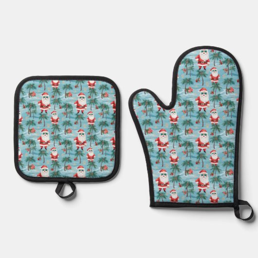 Kerstman Tropisch Strand Ovenwant & Pannenlap Set (Voorkant)