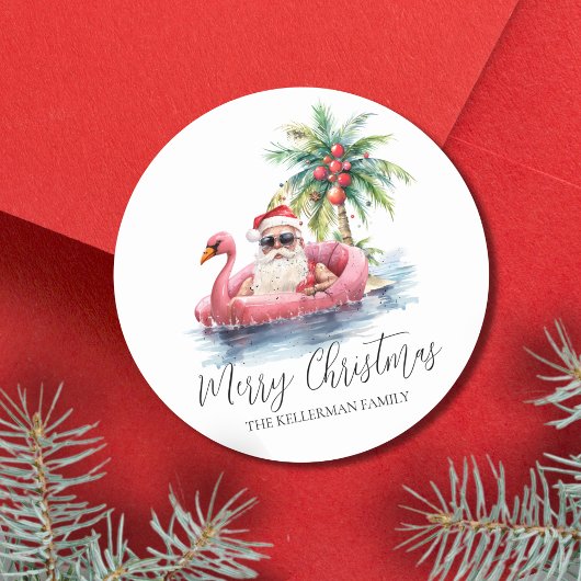 Kerstman Tropische Strand Kerstmis Ronde Sticker