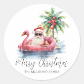 Kerstman Tropische Strand Kerstmis Ronde Sticker (Voorkant)