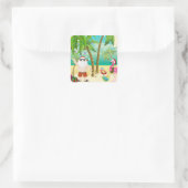 Kerstman, tropische vogels, palmbomen met kerstmis vierkante sticker (Tas)