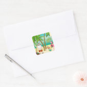 Kerstman, tropische vogels, palmbomen met kerstmis vierkante sticker (Envelop)