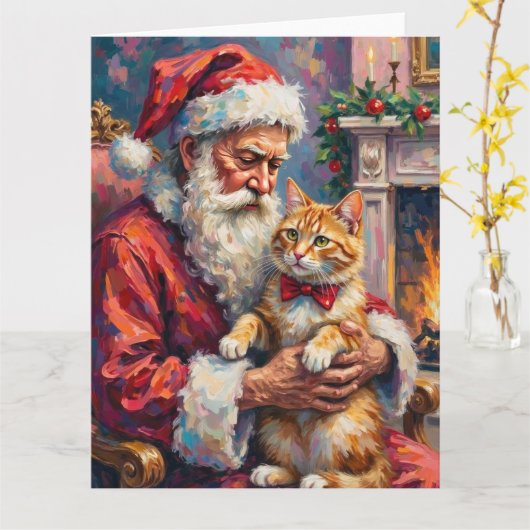 Kerstman Turkse Angora Kat Kerst Kunst Kaart (Gele Bloem)