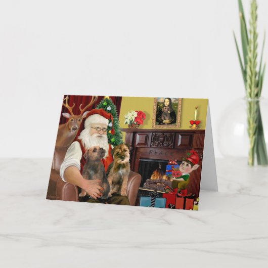 Kerstman - Twee Border Terriers Feestdagen Kaart (Voorkant)
