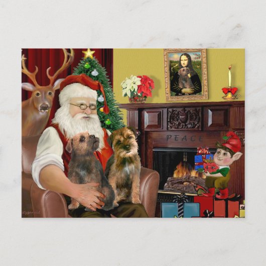 Kerstman - Twee Border Terriers Feestdagenkaart (Voorkant)