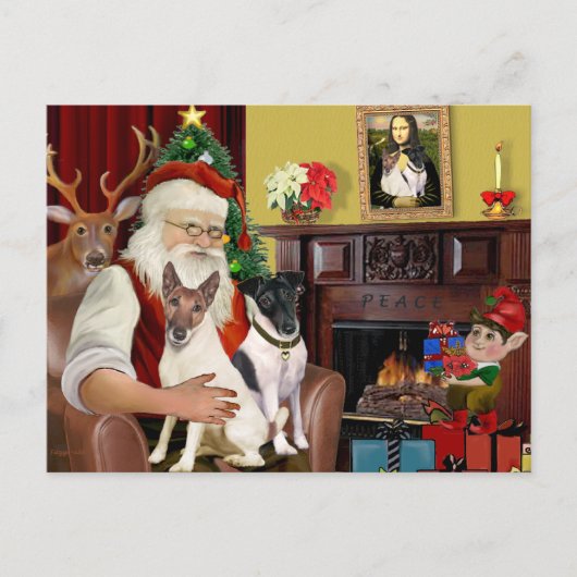 Kerstman - Twee gladharige foxterriërs Feestdagenkaart (Voorkant)