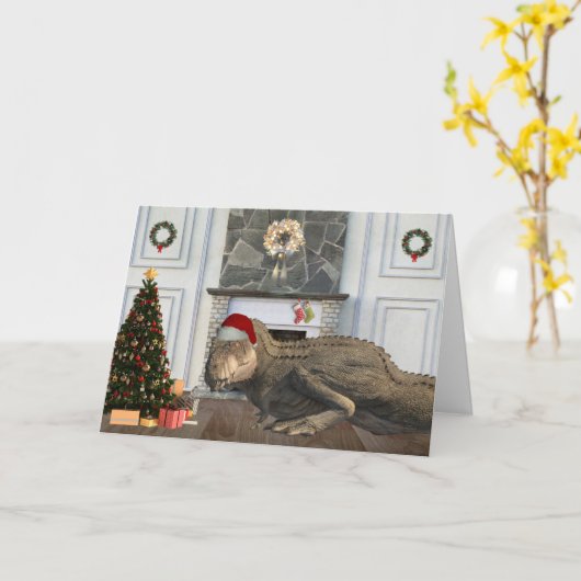 Kerstman Tyrannosaurus Dinosaurus Scène Kaart (Gele Bloem)
