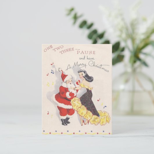 Kerstman uit het verleden danst met meisje feestdagenkaart (Staand voorkant)