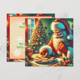 Kerstman uit het verleden die koekjes eet feestdagenkaart