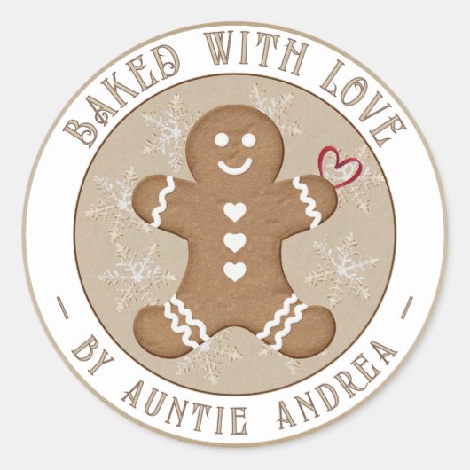 Kerstman van gemberkoek met harten en sneeuwvlokke ronde sticker (Voorkant)
