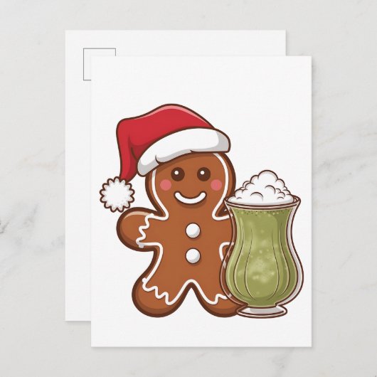Kerstman van gemberkoek met Matcha-drank  Aankondigingskaart (Voorkant / Achterkant)