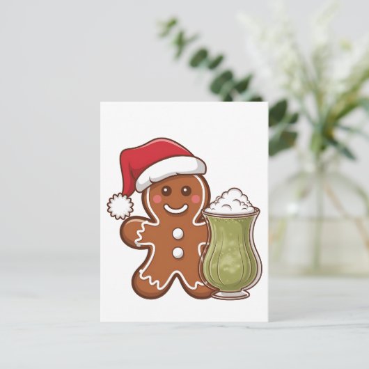 Kerstman van gemberkoek met Matcha-drank  Aankondigingskaart (Staand voorkant)