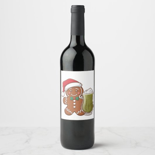 Kerstman van gemberkoek met Matcha-drank Kerstmis Wijn Etiket (Voorkant)