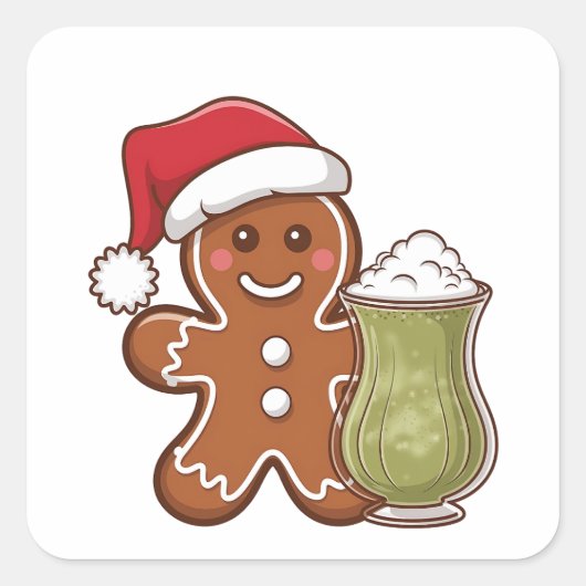 Kerstman van gemberkoek met Matcha-drank Vierkante Sticker (Voorkant)