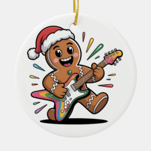 Kerstman van gemberkoek speelt elektrische gitaar keramisch ornament