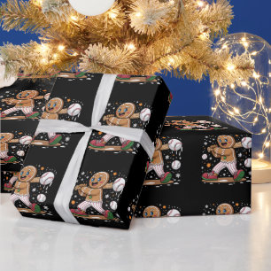 Kerstman van gemberkoek sportspeler honkbal cadeaupapier