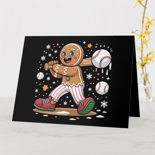 Kerstman van peperkoek als sporter baseballspeler kaart (Gele Bloem)