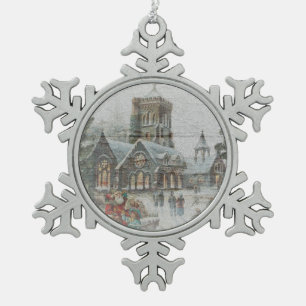 Kerstman van vroeger met kinderen voor een kerk tin sneeuwvlok ornament