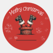 Kerstman vast in schoorsteen kerstcadeau label Sti (Voorkant)