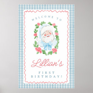 Kerstman Verjaardag Bord met Blauwe Gingham en Roz Poster