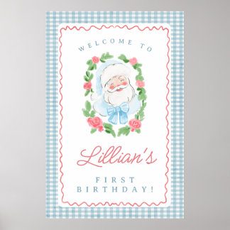 Kerstman Verjaardag Bord met Blauwe Gingham en Roz Poster