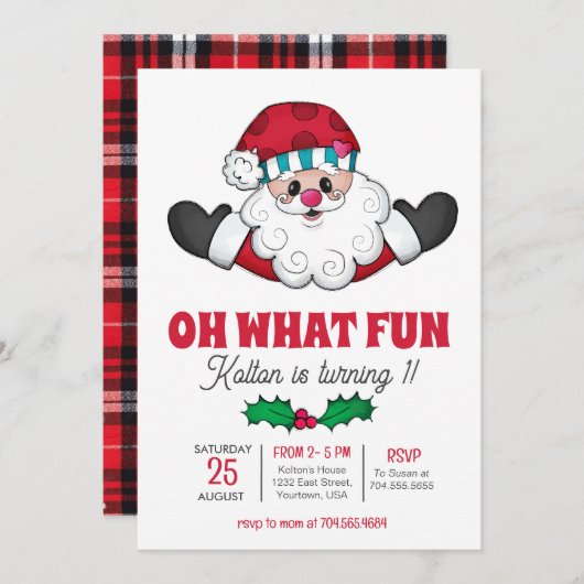 Kerstman Verjaardag Uitnodiging, Oh wat leuk uitno Kaart (Voorkant / Achterkant)