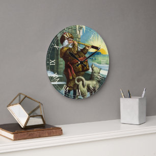 Kerstman verrekijker hond zonsondergang antiek grote klok