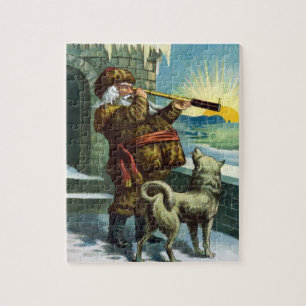 Kerstman verrekijker hond zonsondergang antiek legpuzzel
