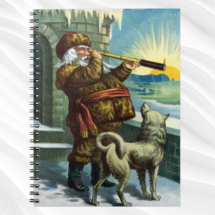 Kerstman verrekijker hond zonsondergang antiek notitieboek