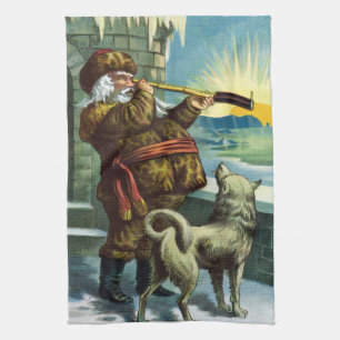 Kerstman verrekijker hond zonsondergang antiek theedoek