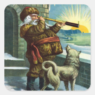 Kerstman verrekijker hond zonsondergang antiek vierkante sticker