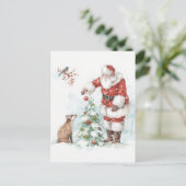 Kerstman versiert een boom met zijn bosvrienden feestdagenkaart (Staand voorkant)