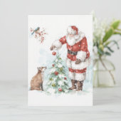Kerstman versiert een boom met zijn bosvrienden feestdagenkaart (Staand voorkant)