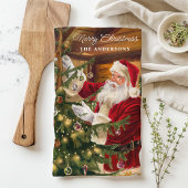 Kerstman versiert kerstboom gepersonaliseerd theedoek