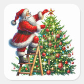 Kerstman versiert kerstboom in de winter vierkante sticker (Voorkant)