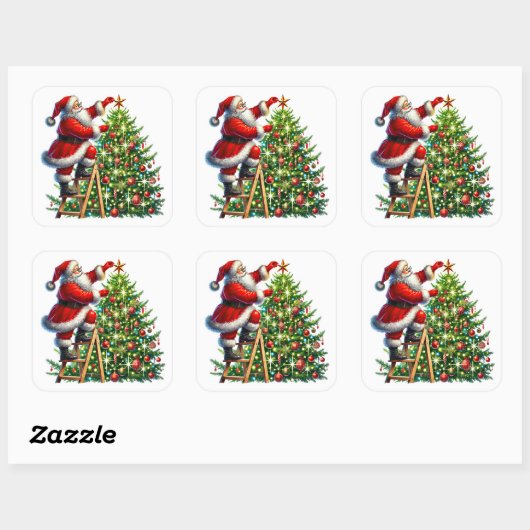 Kerstman versiert kerstboom in de winter vierkante sticker (Vel)
