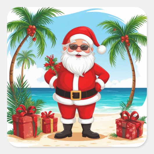Kerstman viert Kerstmis tropisch Strand Vierkante Sticker (Voorkant)