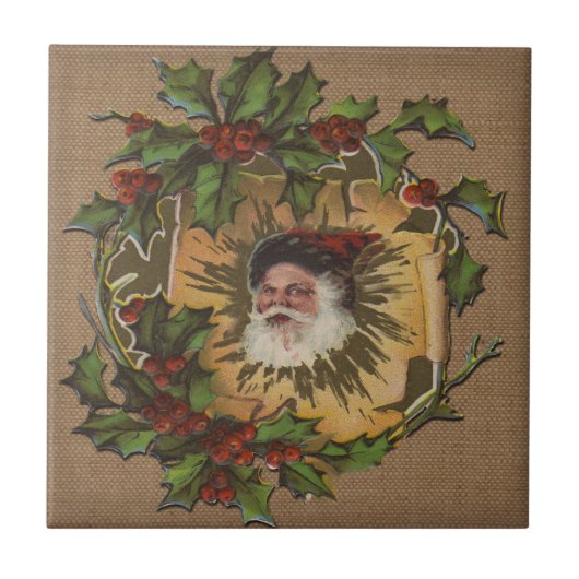 Kerstman Vintage Antiek Hulst Kerstmis Tegeltje (Voorkant)