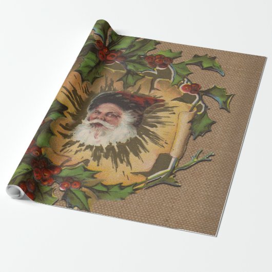 Kerstman Vintage Antiek Kerstmis Hulst Cadeaupapier (Uitgerold)